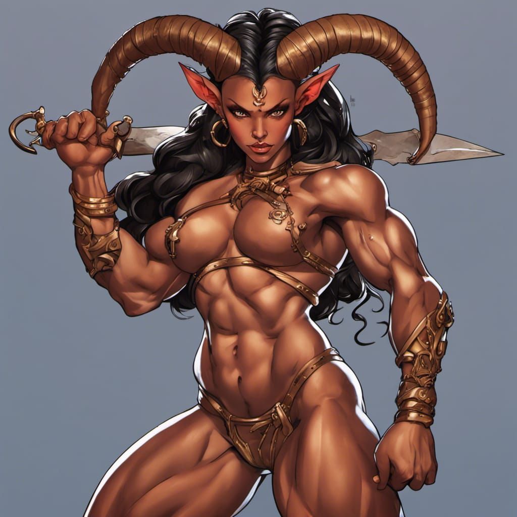 Tiefling Gladiatrix in Hellish Landscape: Dark Fantasy Art