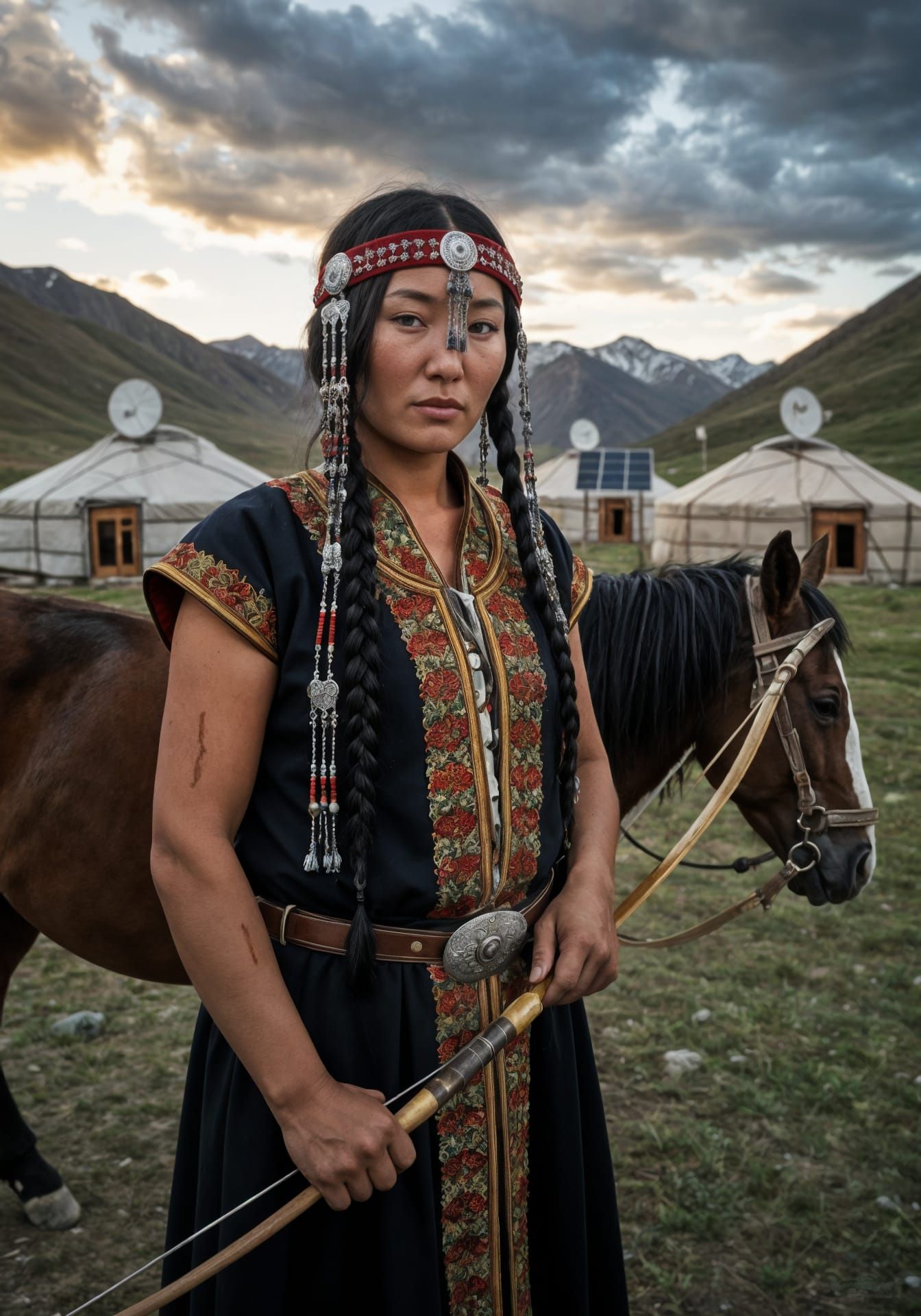 Kazakh Woman Warrior & Horse in Mountain Valley