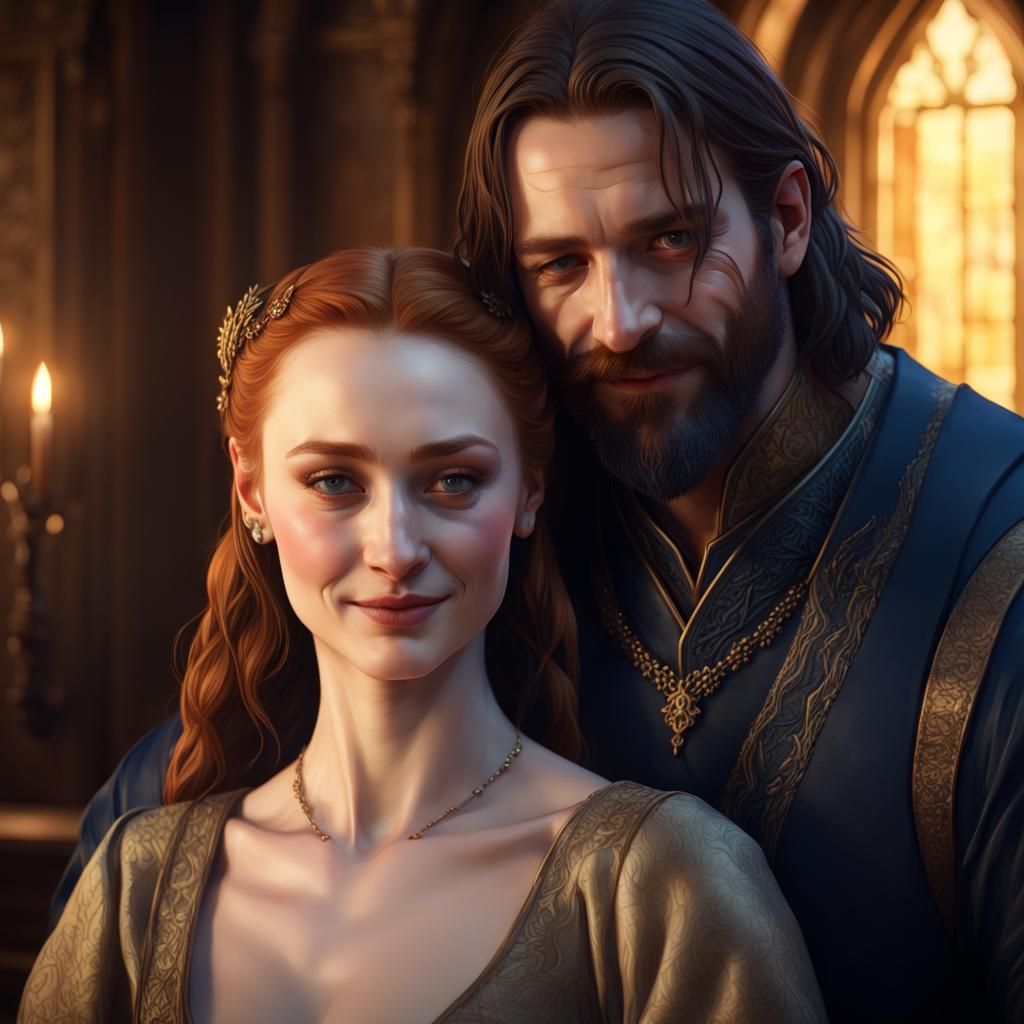 Smiling Couple in Castle Library: Hyperdetailed Portrait