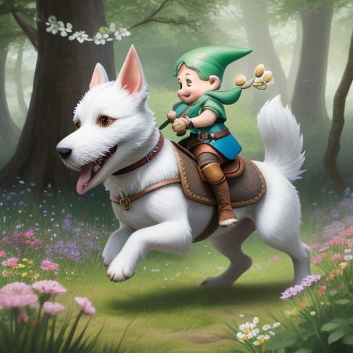 A cute little gnome riding a gleeful, energetic white terrie...