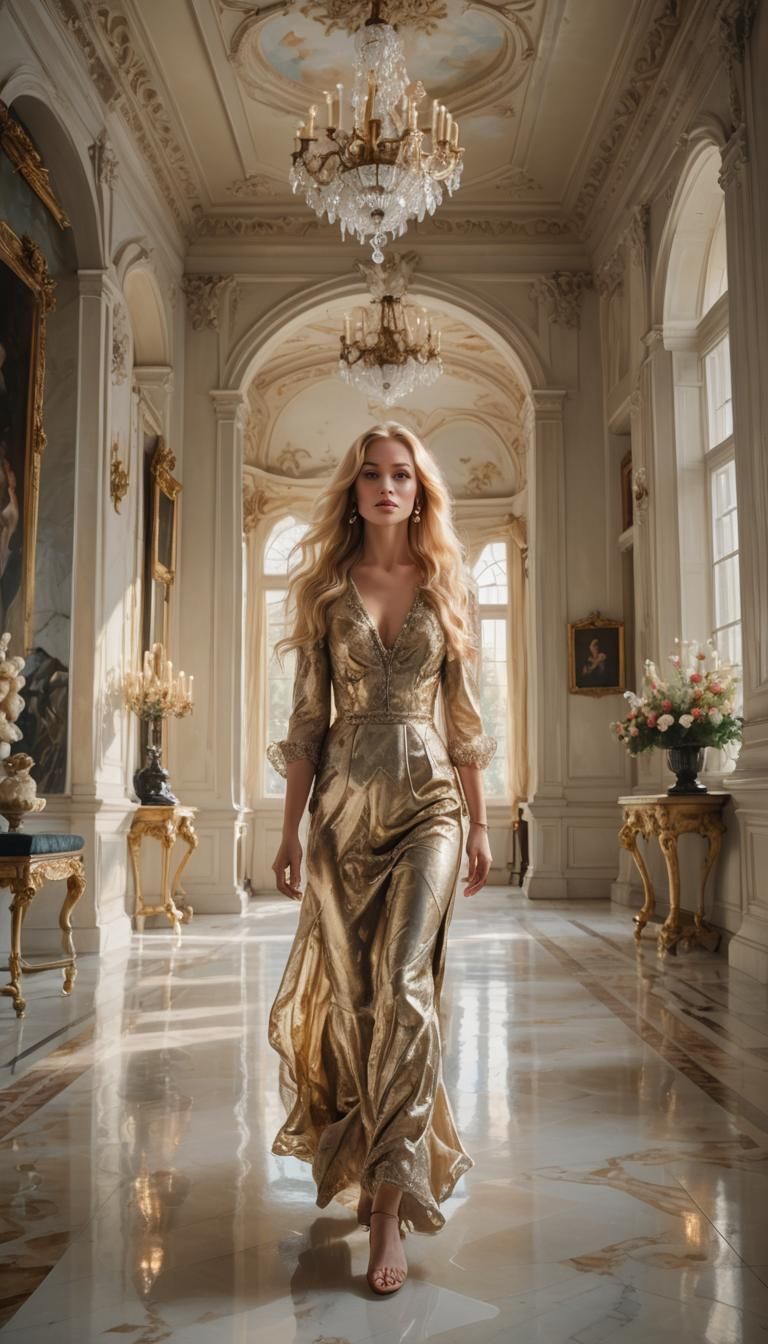 Woman in Baroque Style Hallway with Chandeliers