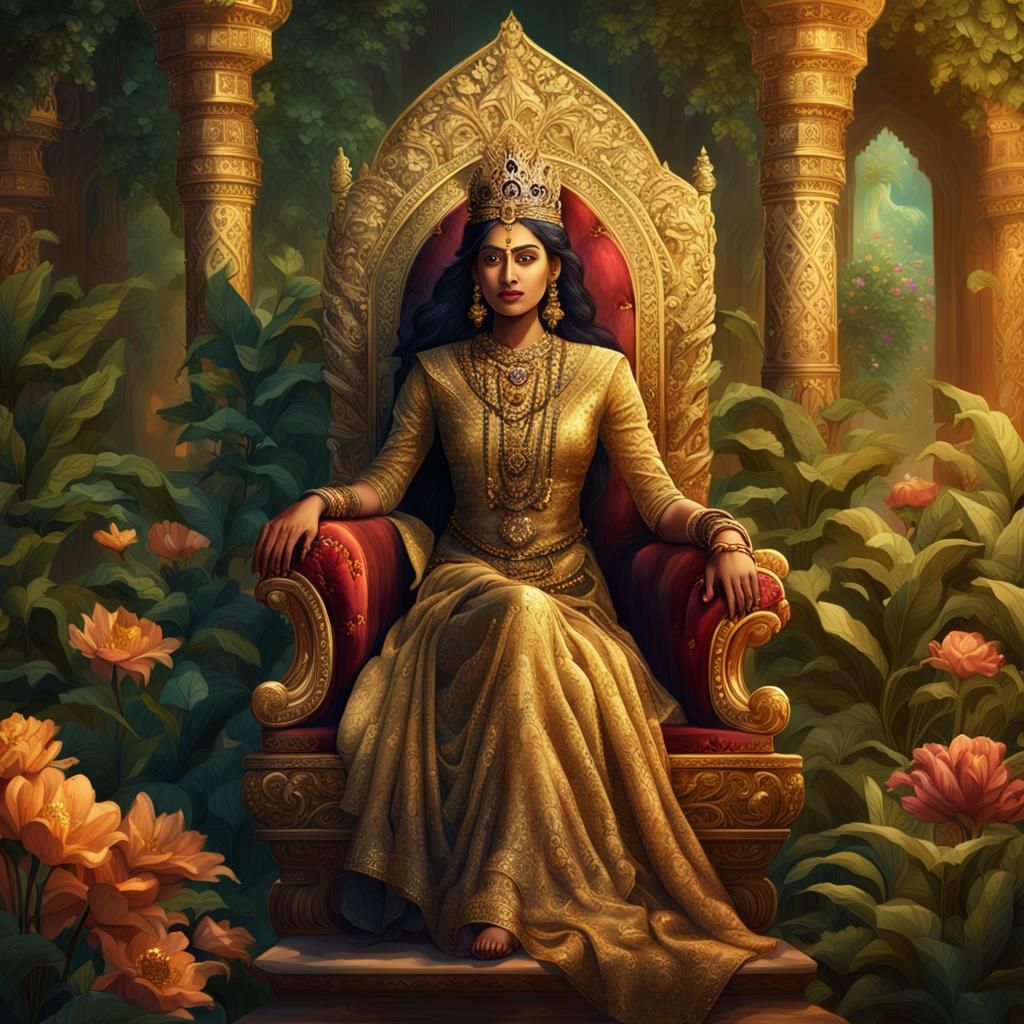 Regal South Asian Queen in a Lush Throne Room