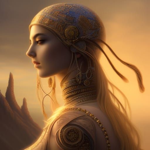 Divine Alien Priestess Portrait in Hyperreal Style