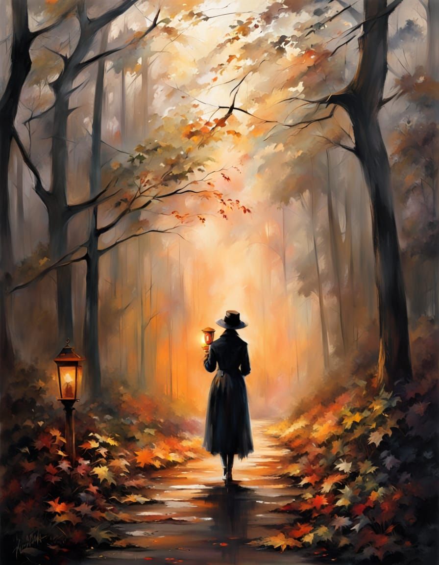 Gothic Girl with Lantern in Foggy Forest