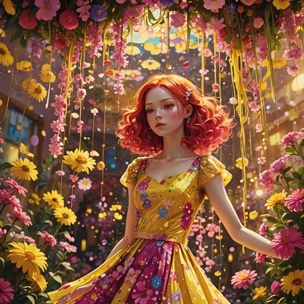 Girl in Floral Fantasy Dress, Anime-Inspired Digital Art