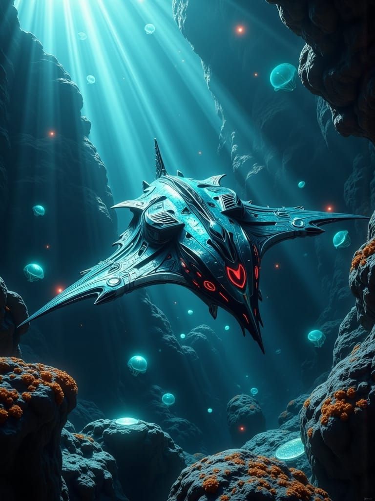 The Stingray Dominion, a colossal stingray submarine gliding...