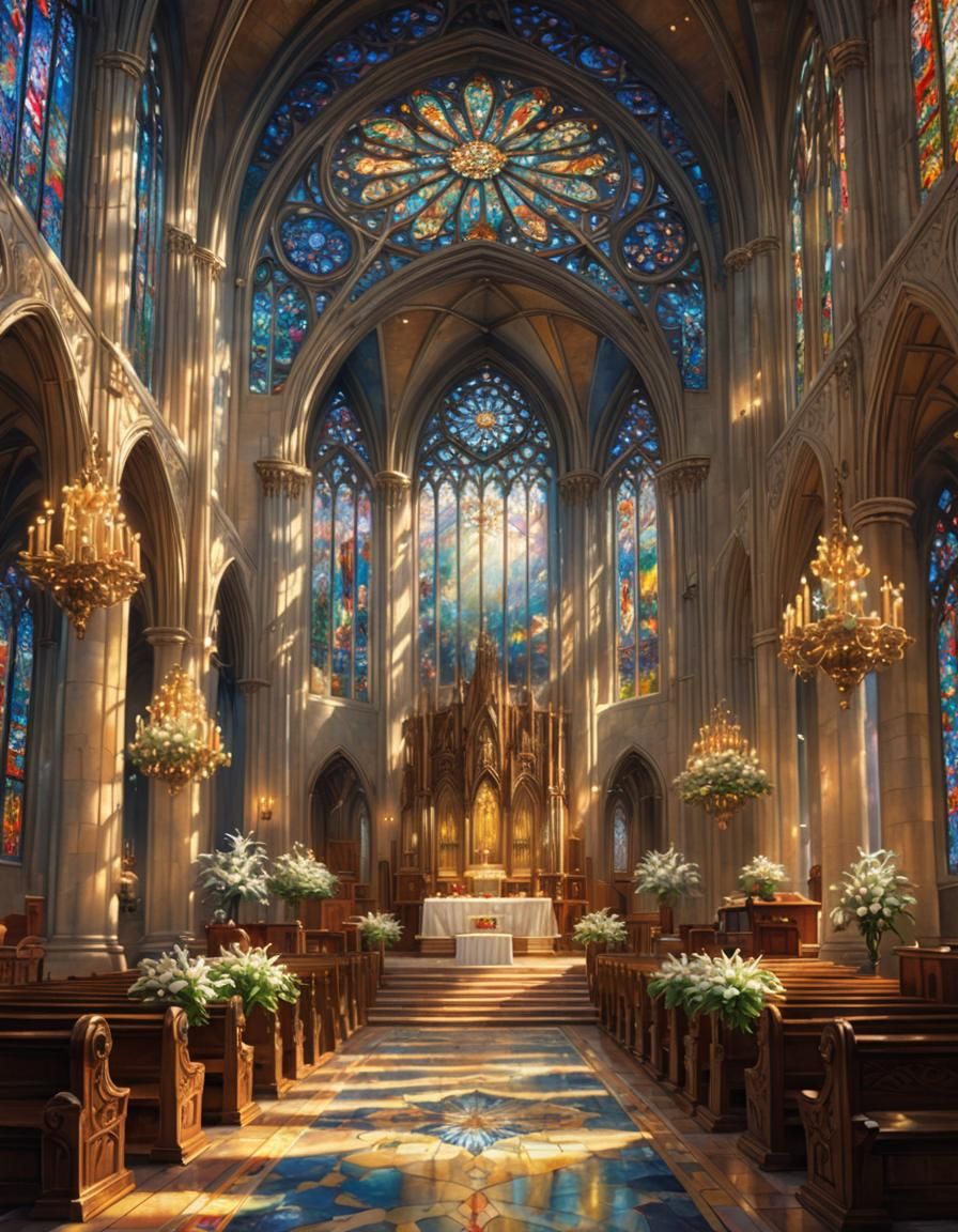 Ethereal Cathedral Interior with Lily Trees: Oil Painting