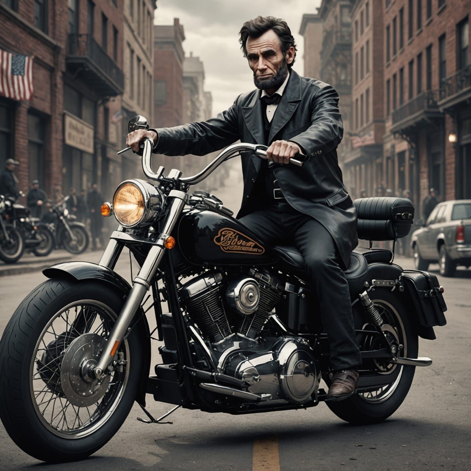 Abraham Lincoln on a motorcycle.