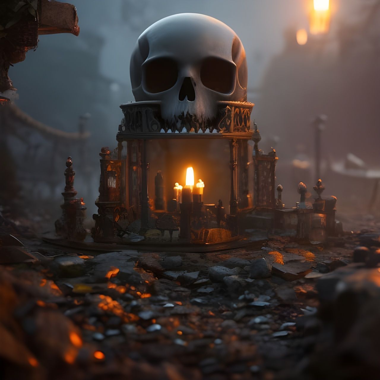 Cute Skeletal Figure on Gothic Street, Digital Art