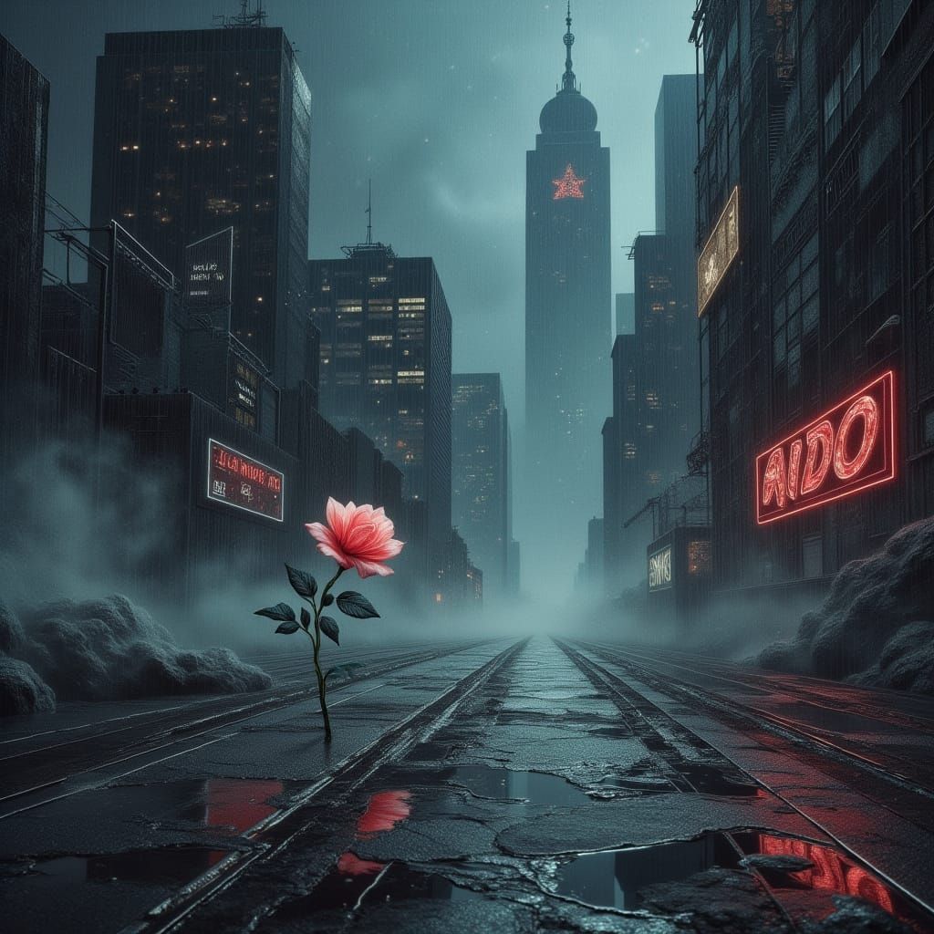Bioluminescent Rose in Cyberpunk Cityscape