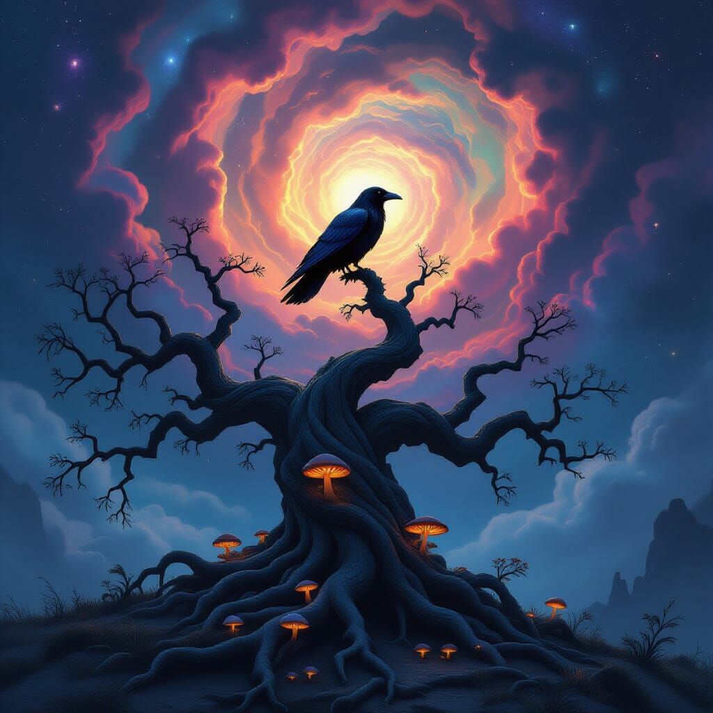 Cosmic Raven on Ancient Tree Against Nebulae Sky