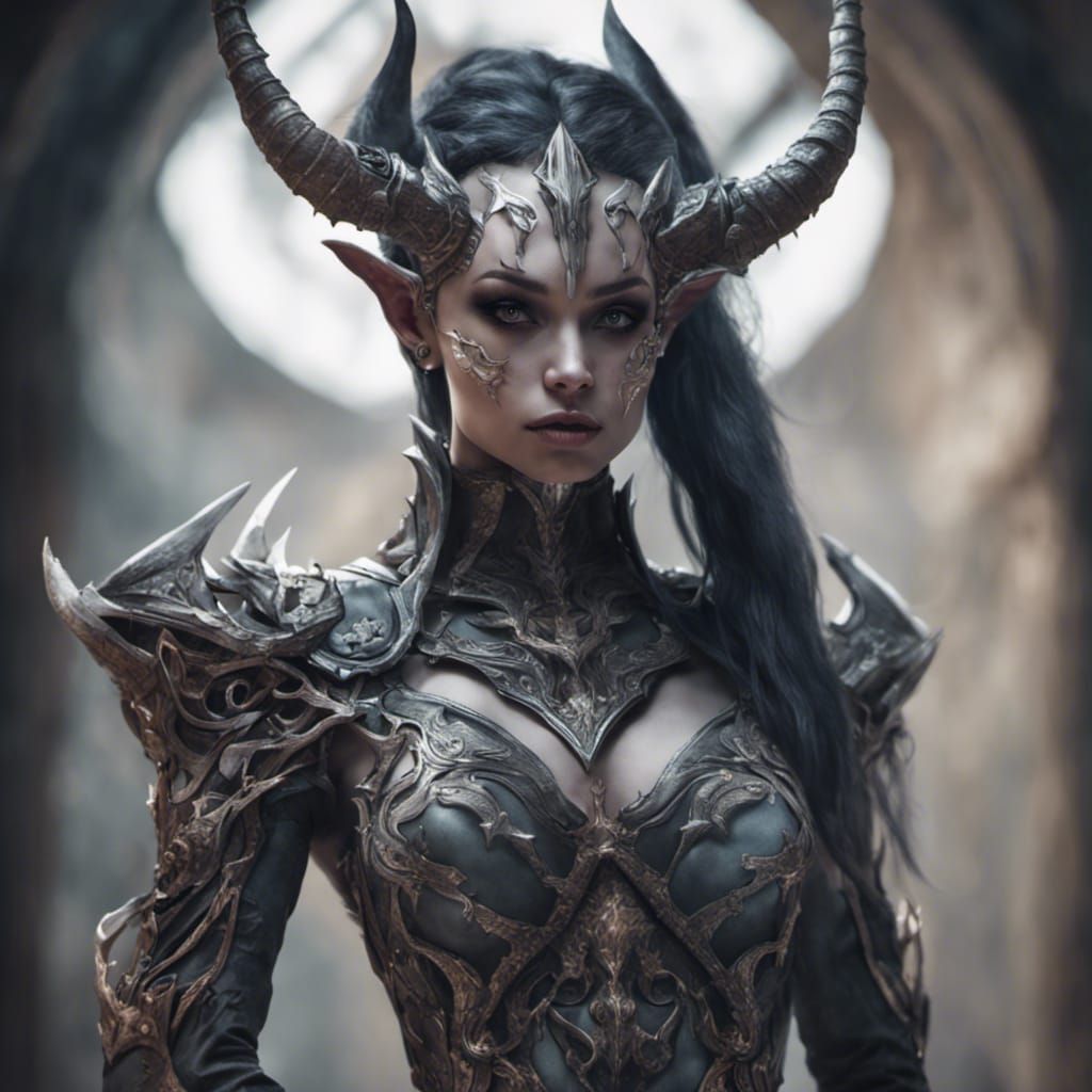 Curvy Space Dark Elf with Horns and Armor