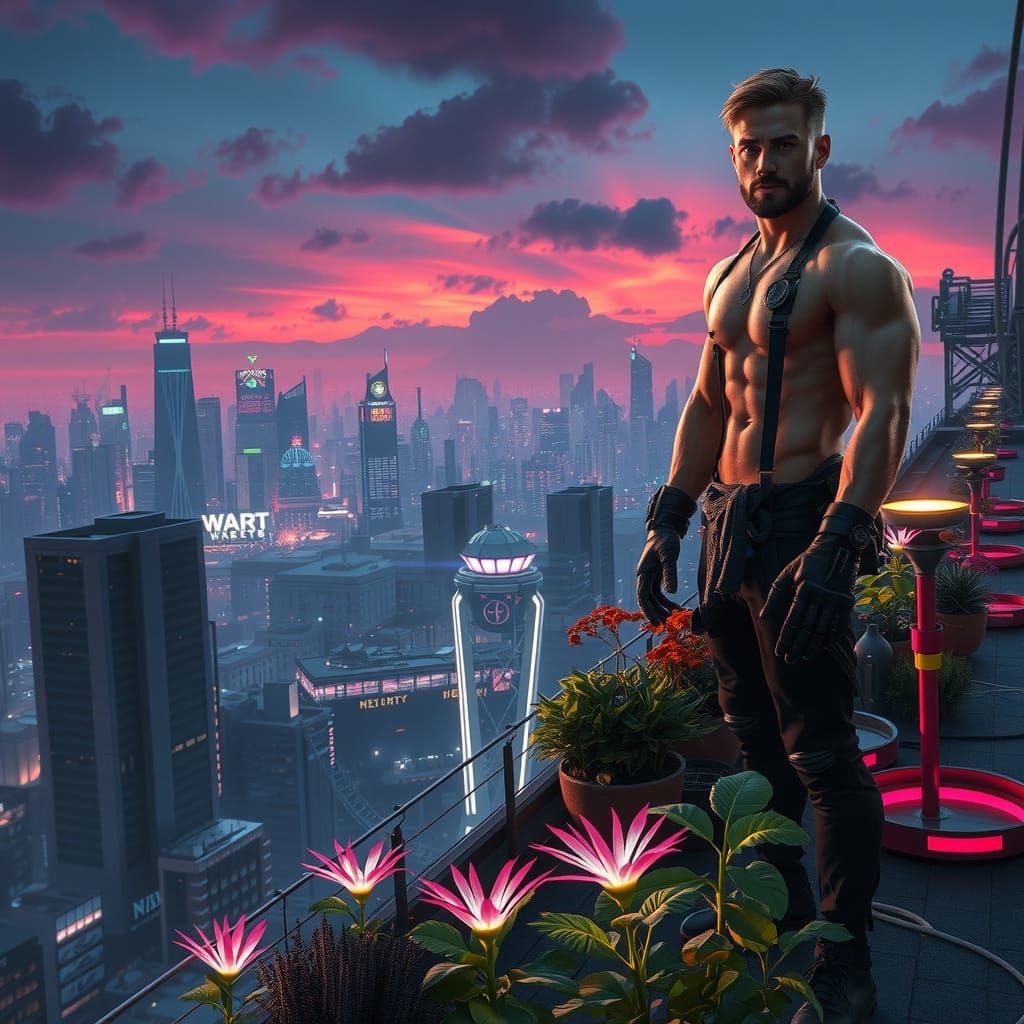 Cyberpunk Gardener Tending Bioluminescent Plants on Rooftop
