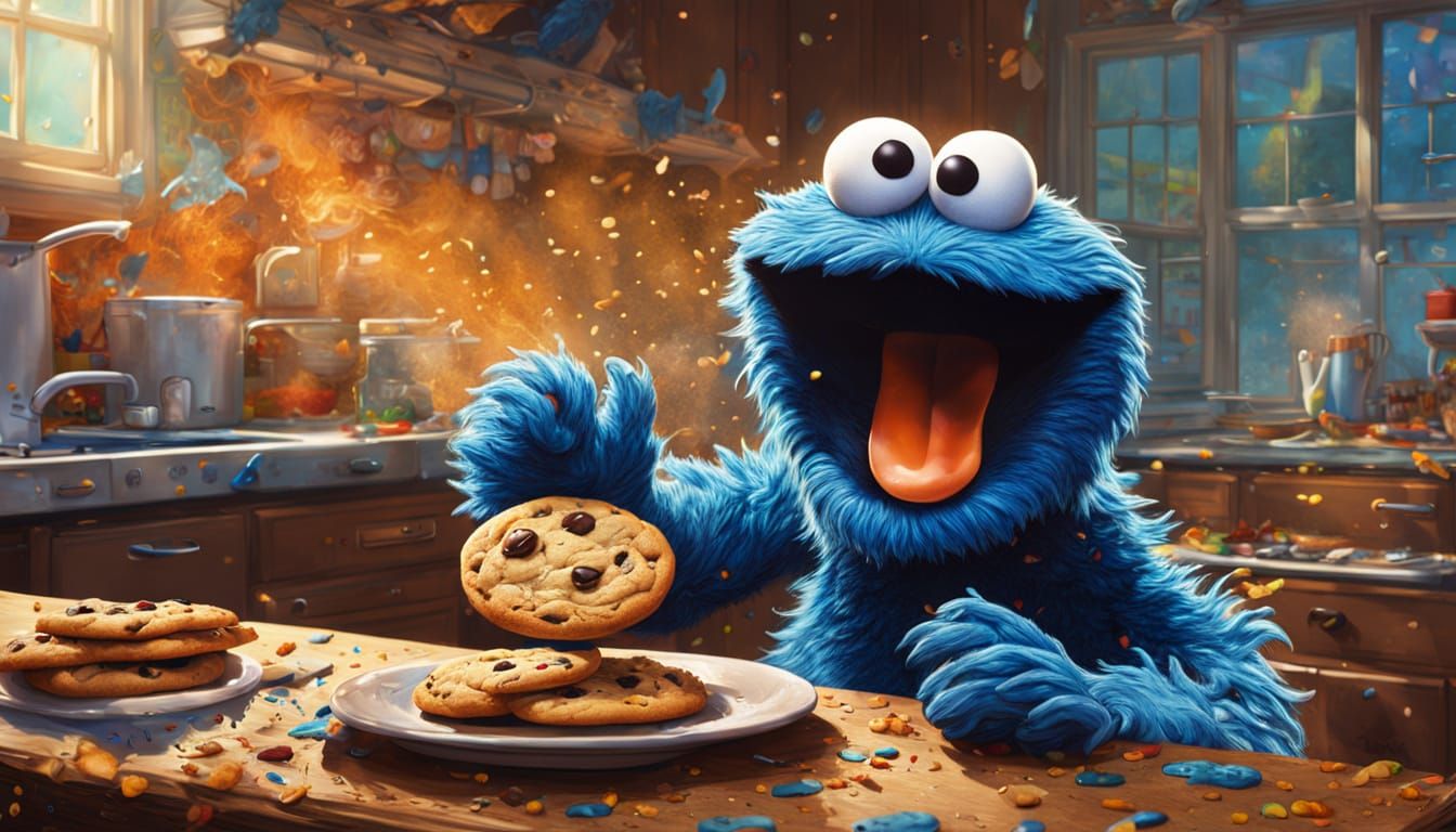 Cookie Monster Devours Cookie in Vibrant Kitchen