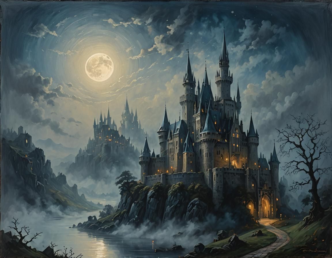 Mystical Gothic Castle in Moonlight, Oil Painting