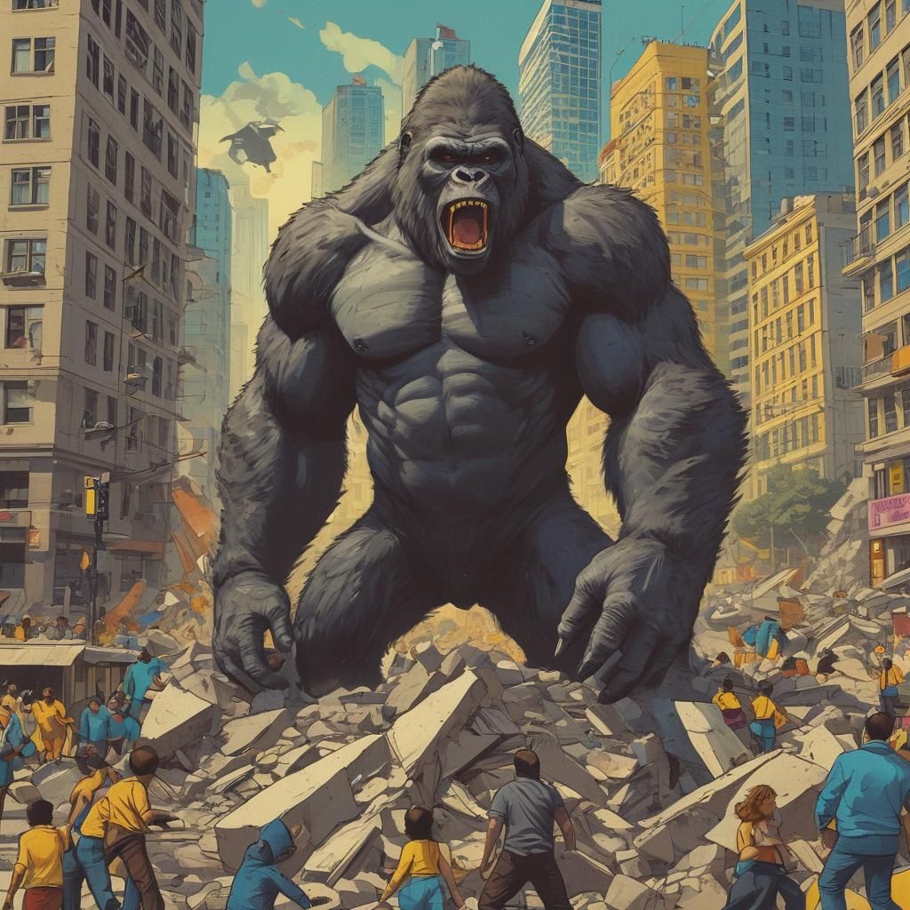 Gorilla Monster Rages in Cityscape, Digital Illustration
