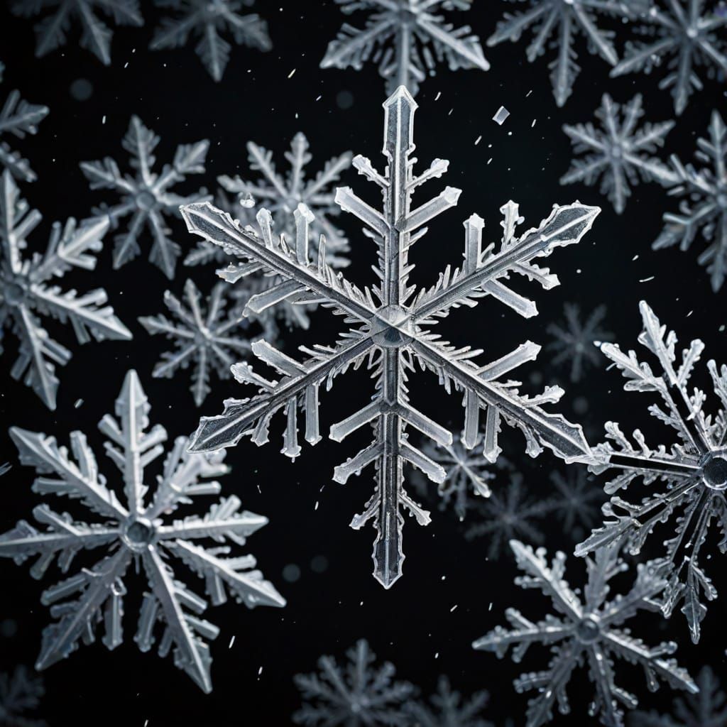 Macro Photography of Intricate Snowflakes on Dark Background