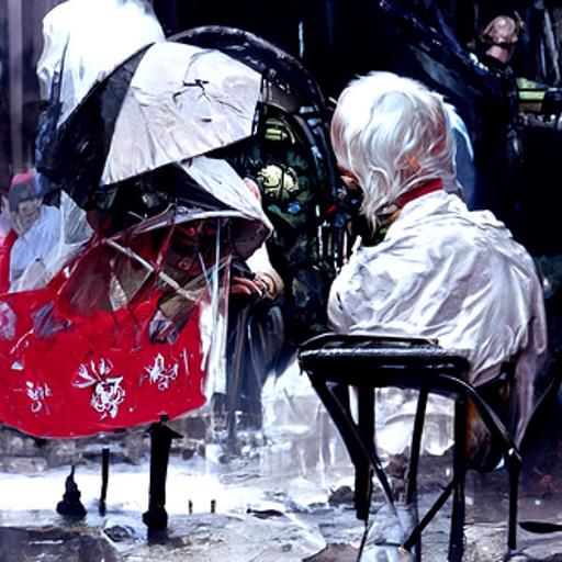 People Around Table Under Umbrella, Fine Art Style