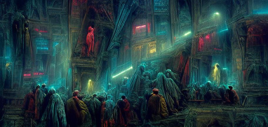 Neon Cyberpunk Cityscape in Dore Style