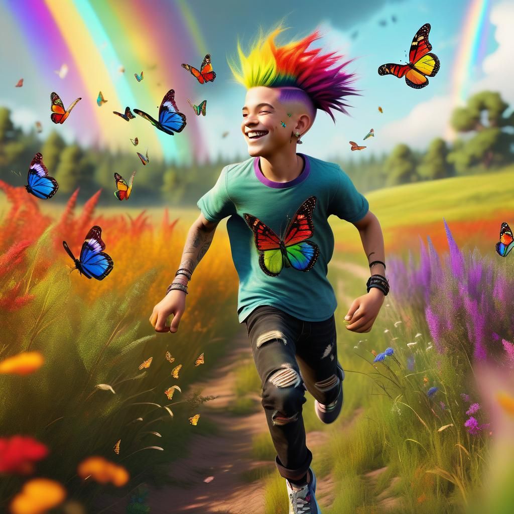 Punk Boy's Joyful Rainbow Butterfly Chase