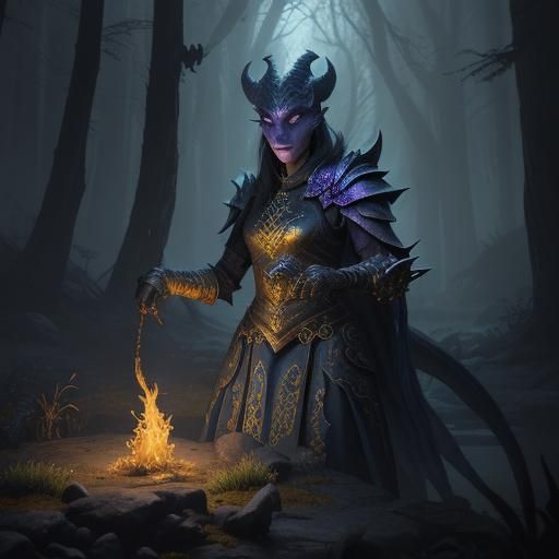 Mystical Dragonborn in Sapphire Realm: Dark Fantasy Art
