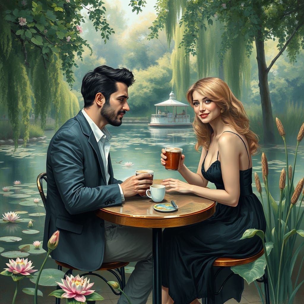 Romantic Cafe Scene in Impressionistic Style