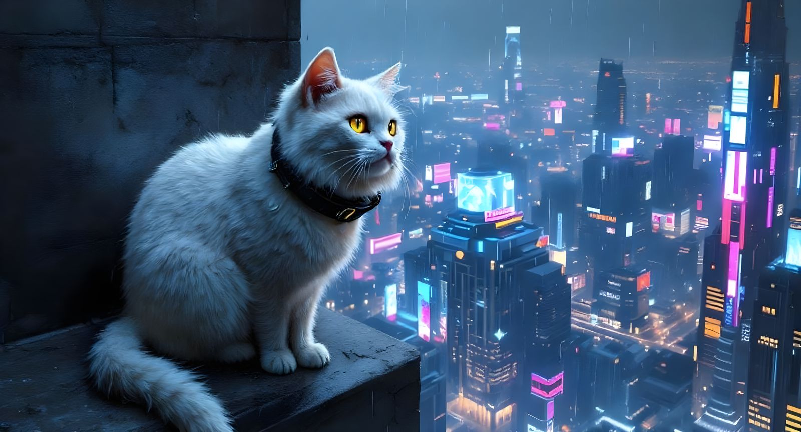 White Cat Over Cyberpunk Cityscape at Night
