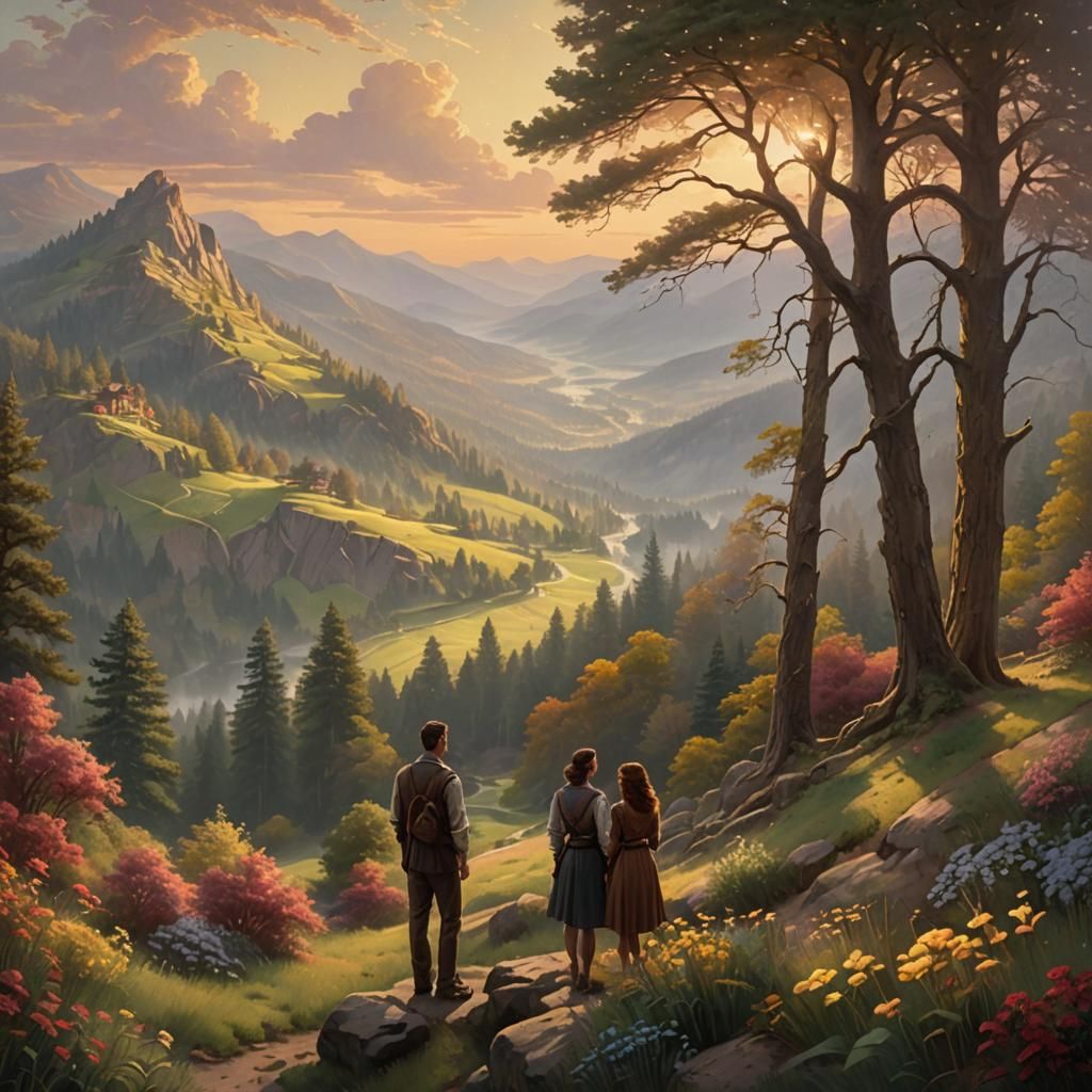People on a Serene Landscape in Oil Painting Style