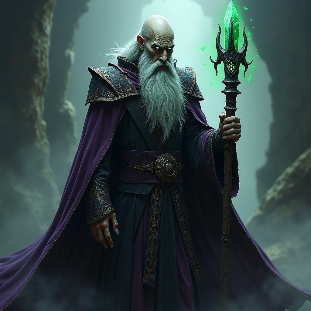 Towering Sorcerer Mordred in Ethereal Landscape