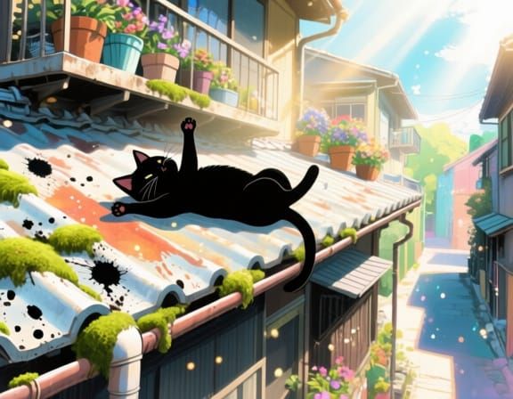 Black Cat on Japanese Roof in Watercolor Style
