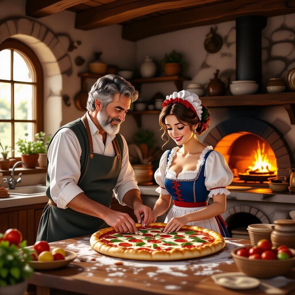 Italian Couple Baking Pizza in Cozy Home, Anime Manga Style