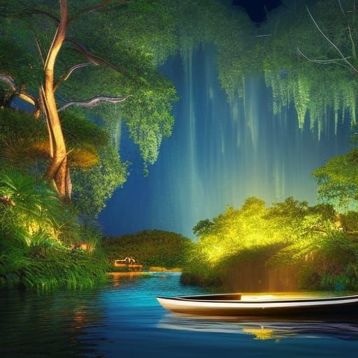 Night Waterfall with Fisherman: Digital Matte Painting