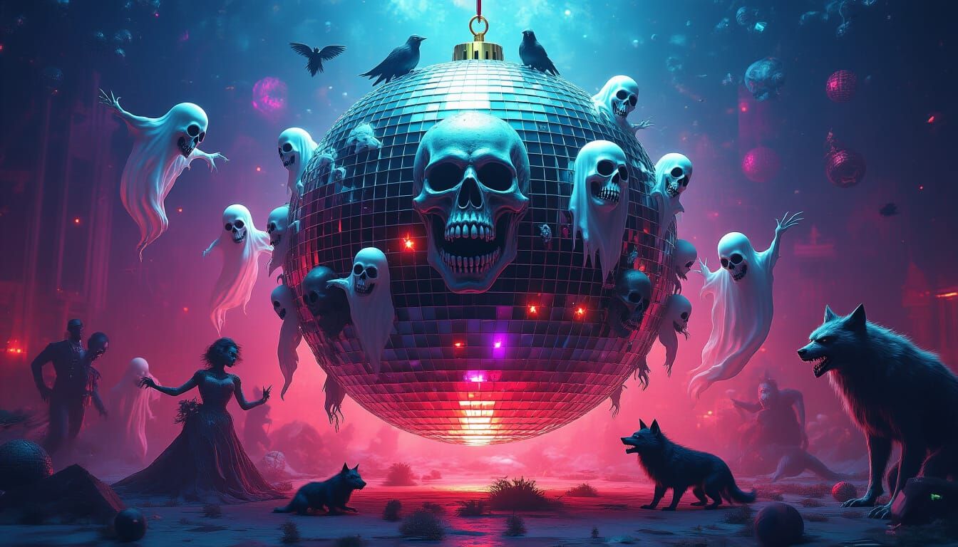 Undead Disco Ball With Eerie Creatures in Collage Style