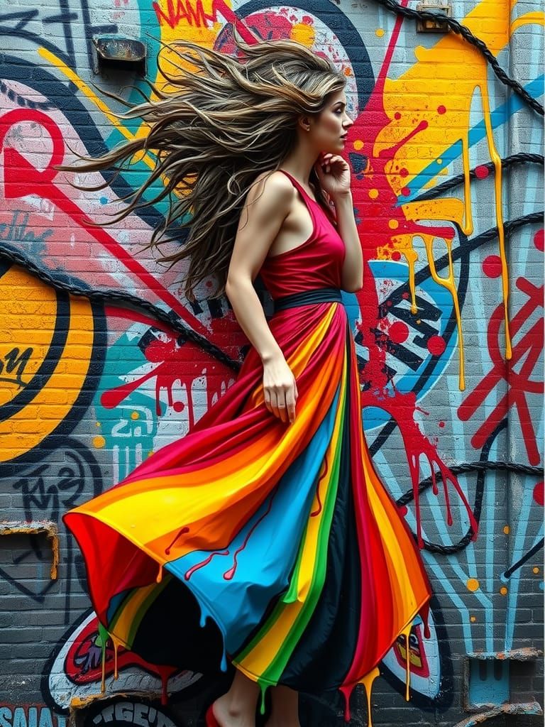 Woman Emerging from Graffiti Mural in Street Art Style