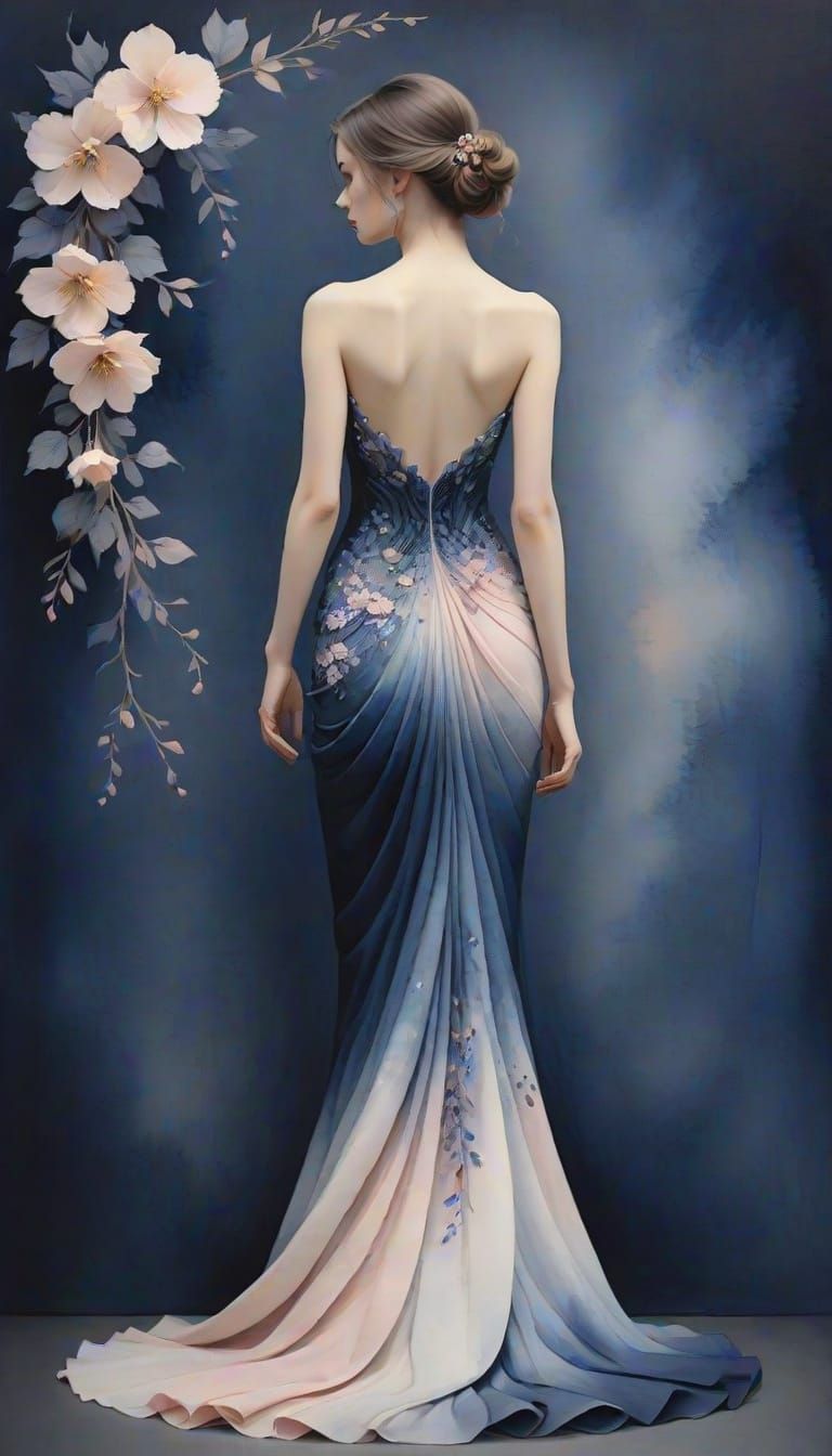 Elegant Woman in Watercolor Dress with Viola Blossoms