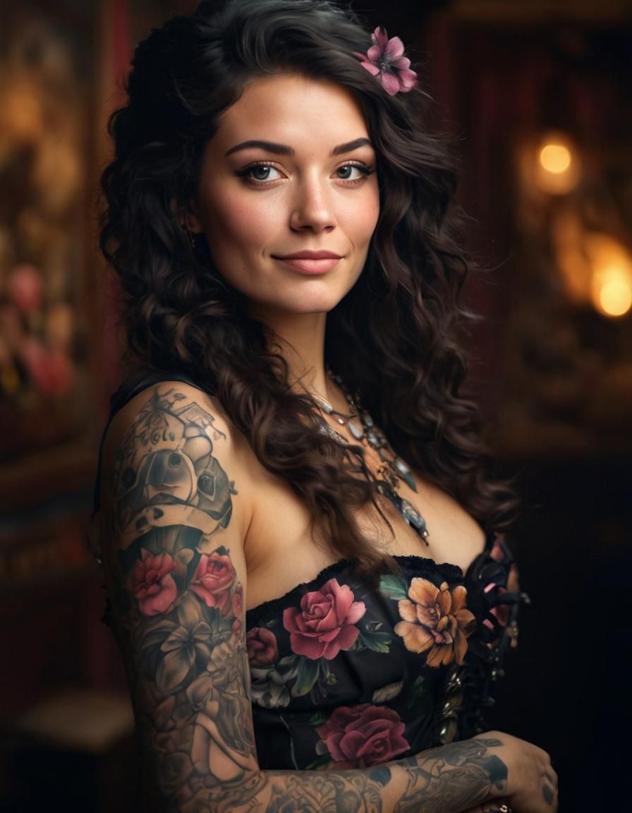 Tattooed Girl Portrait in Pink Dress, Filmic Photography