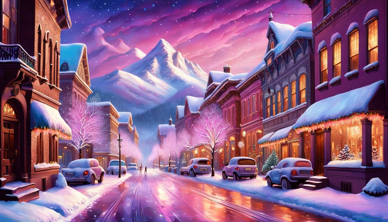 Vibrant Oil Painting of Mountain Town at Dusk