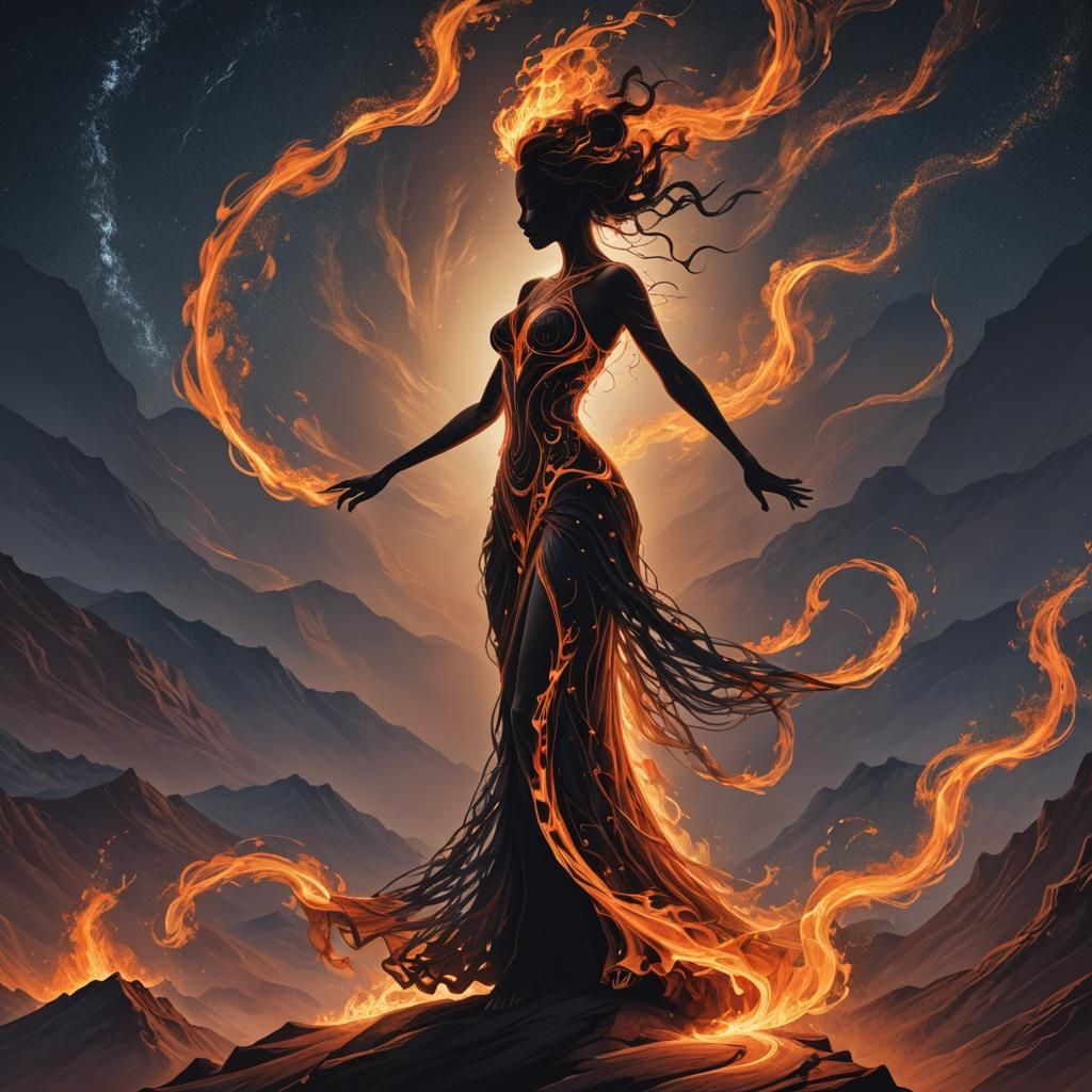 Fire Spirit Silhouette Dancing in Moonlight