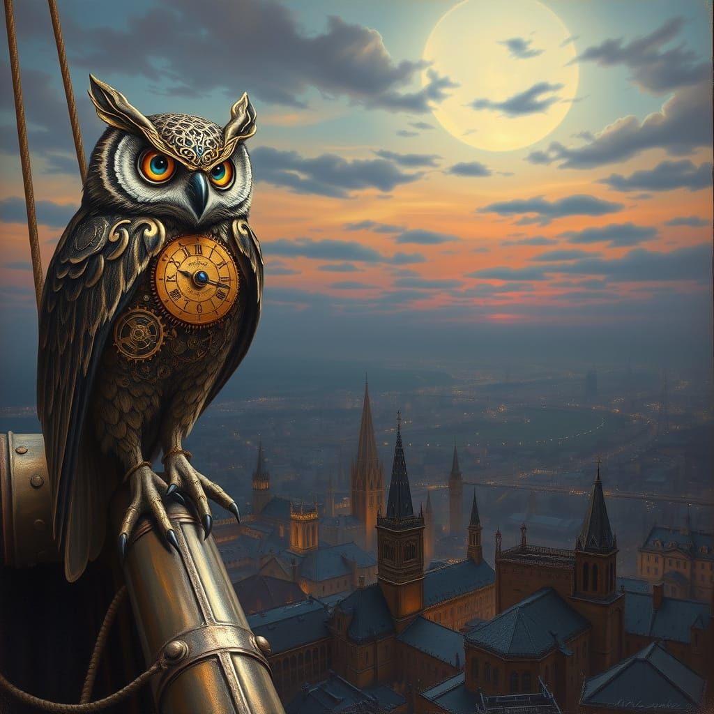 Clockwork Owl on Steampunk Airship in Oil Painting Style