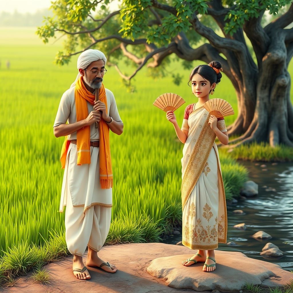 Serene Folk Scene in 3D Anime Style