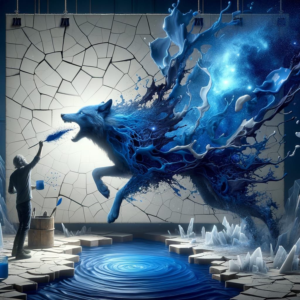 Surreal Cobalt Ink Transforms into Ghostly Wolf on Canvas