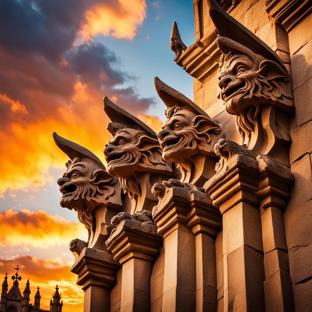 Stone Gargoyles Against Sunrise in Gothic Style
