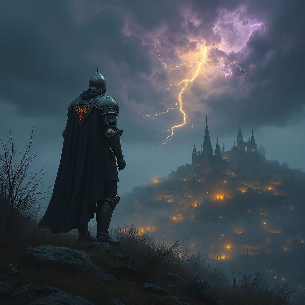 Knight in Dark Fantasy Storm Landscape