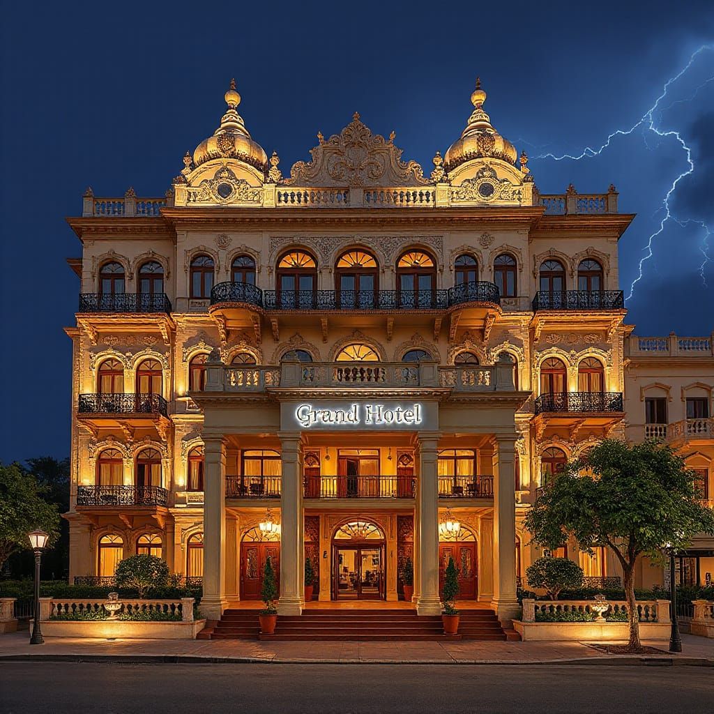 Grand Hotel Facade in Cashmere, India at Night