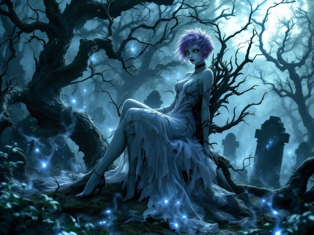Gothic Fairy Reigns in Moonlit Glade with Ancient Tombstones...