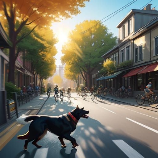 Dogs Riding Bikes Down Sunny Street in Golden Hour