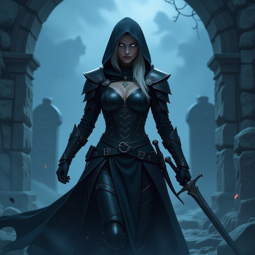 Drow Rogue Enters Ancient Tombstone in Tempest Night