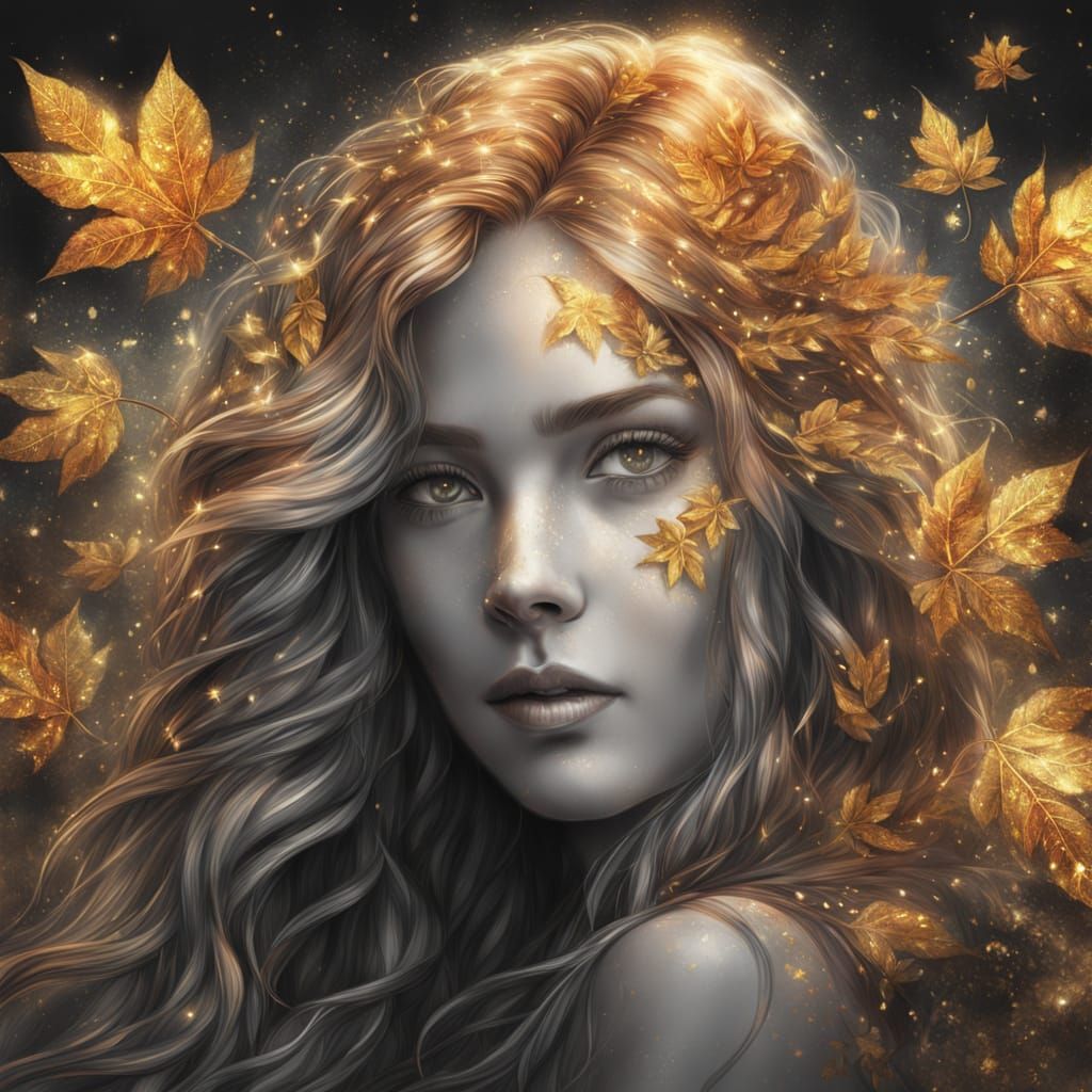 Woman with Magic Autumn Leaves in Golden Light