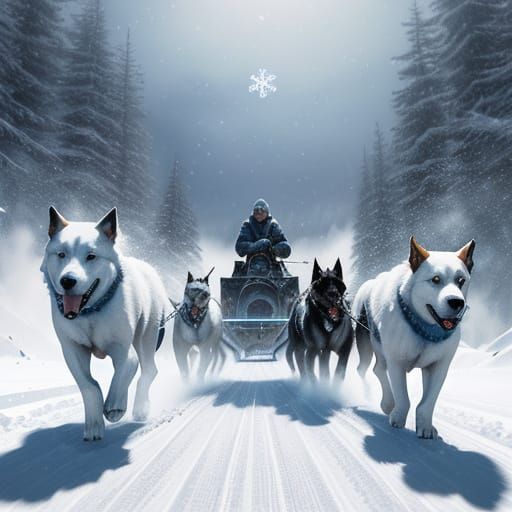 Dogs Pulling Sled in Snowy Wilderness