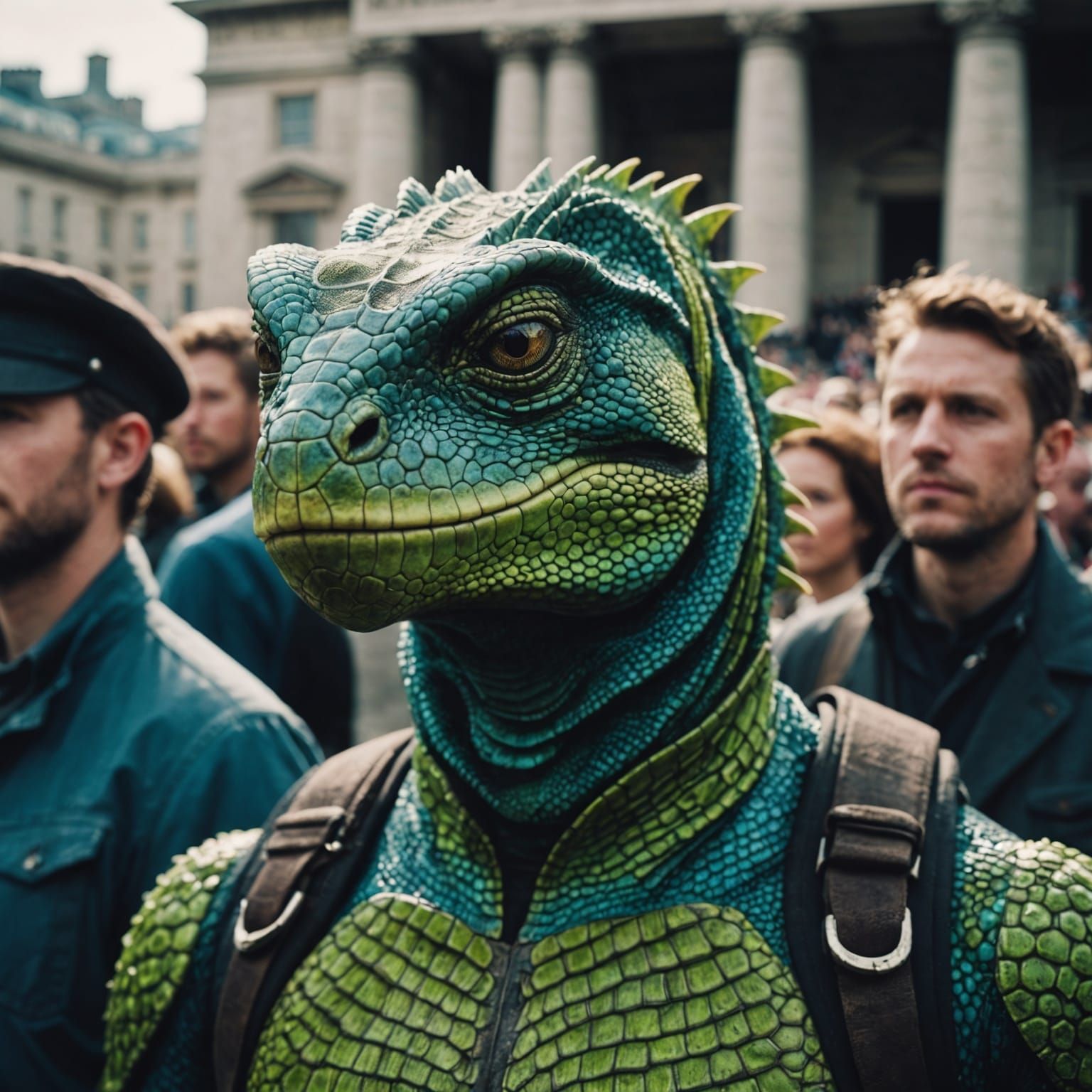 Lizard People Gather in Trafalgar Square: Cinematic Still